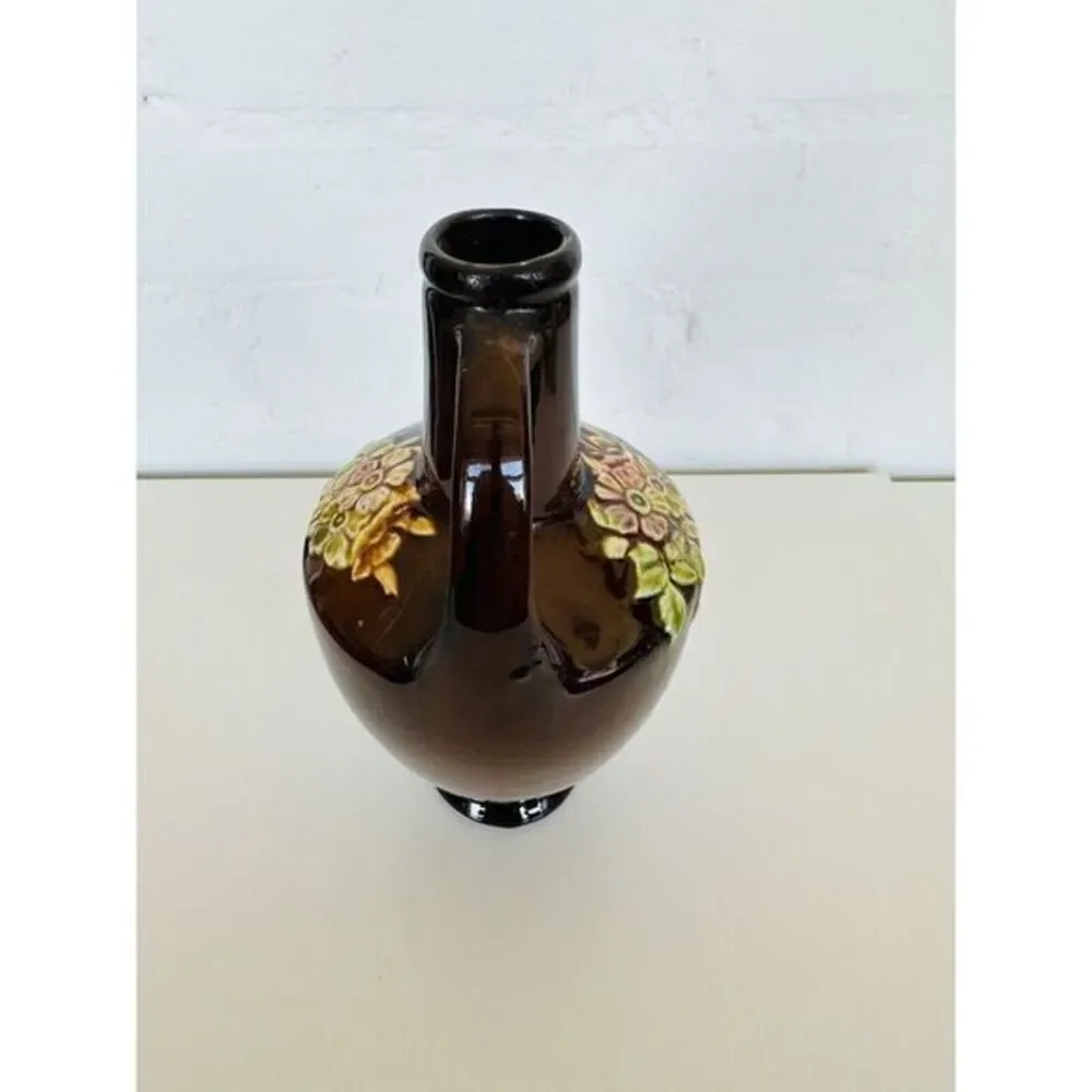 Antique Double Handled Glazed Vase with Floral Design Peters And Reed See Photos